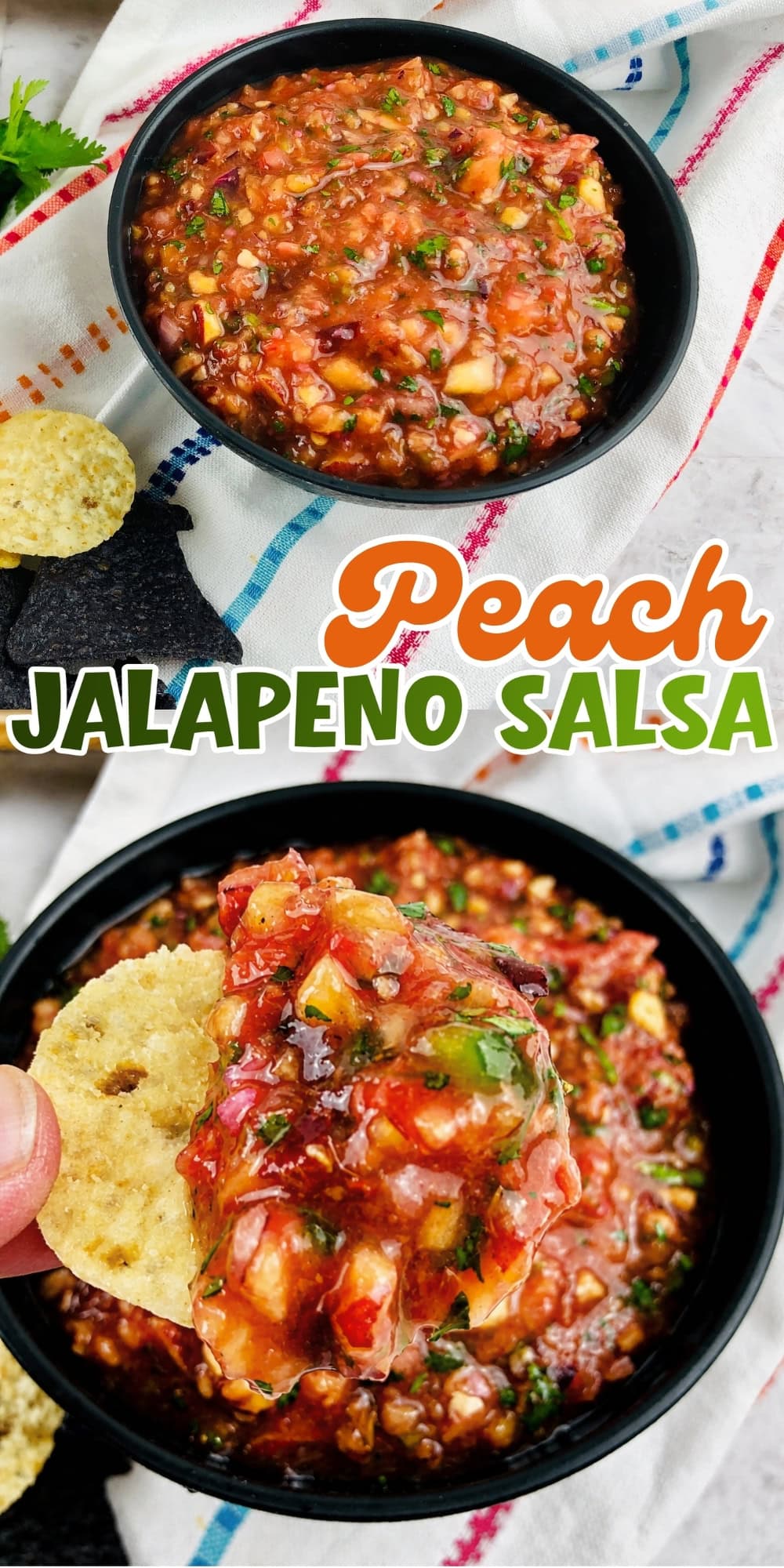 Bowl of peach jalapeno salsa with a tortilla chip being dipped into it.
