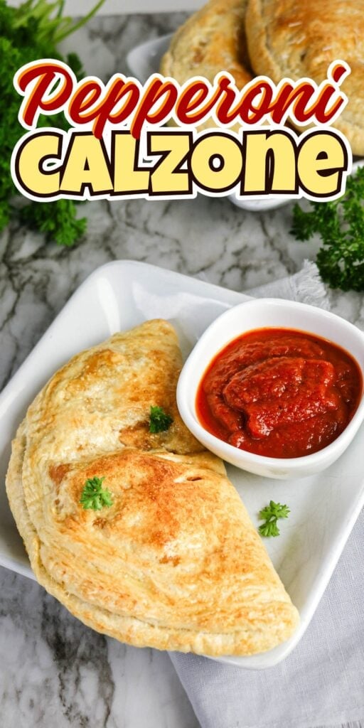 A pepperoni calzone on a plate with marinara dipping sauce.