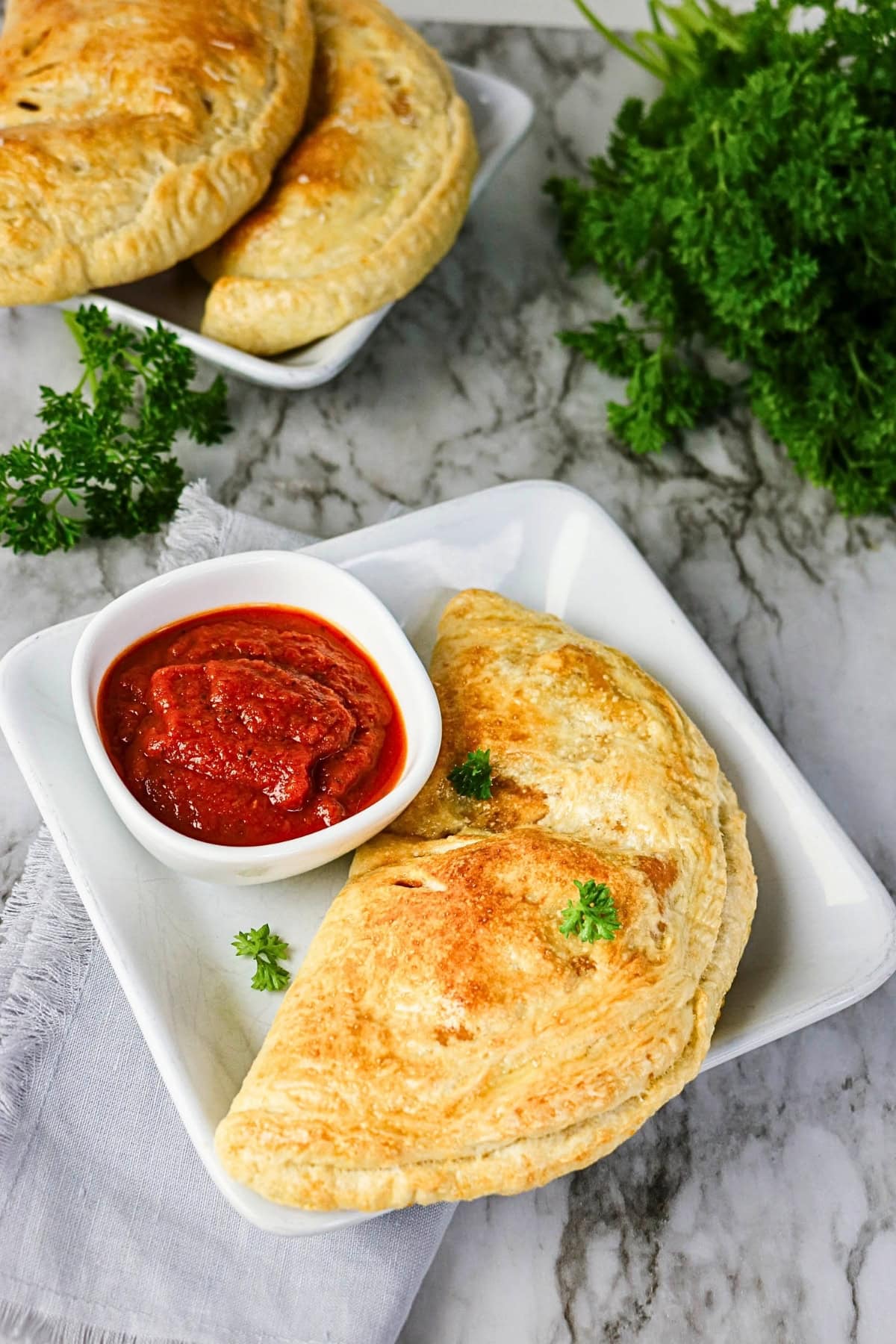 Golden calzone with marinara sauce on a white plate, garnished with parsley.
