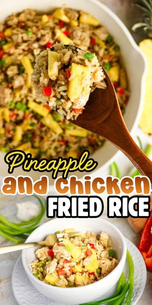 Wooden spoon with pineapple chicken fried rice above a bowl and serving dish.