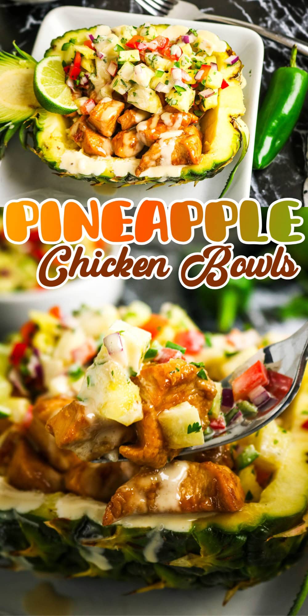 Chicken and pineapple salsa served in a hollowed pineapple bowl.