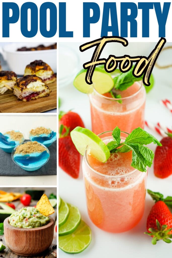 Colorful pool party foods: sandwiches, blue dessert, guacamole, and fruity drinks.