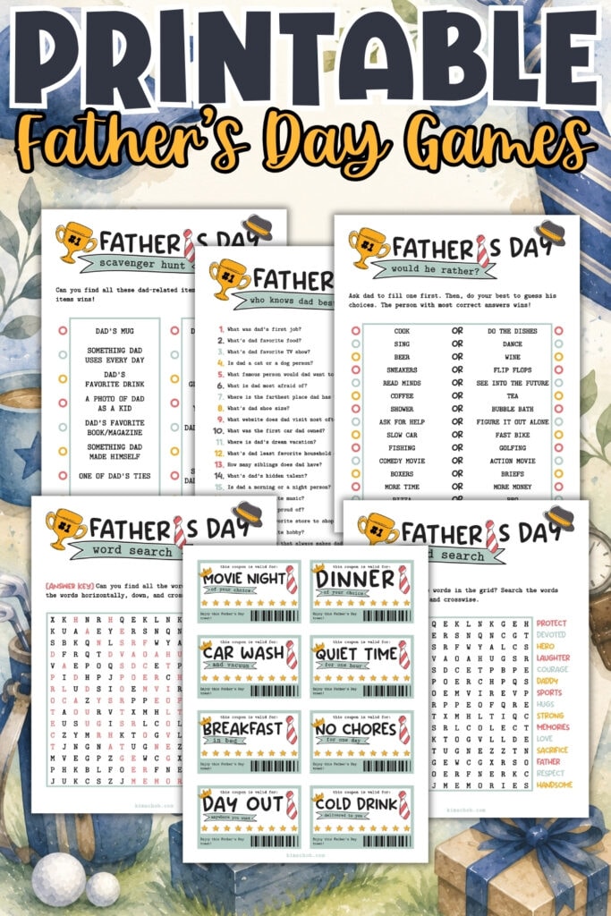 Fathers Day printable games, including scavenger hunt, word search, and quizzes.