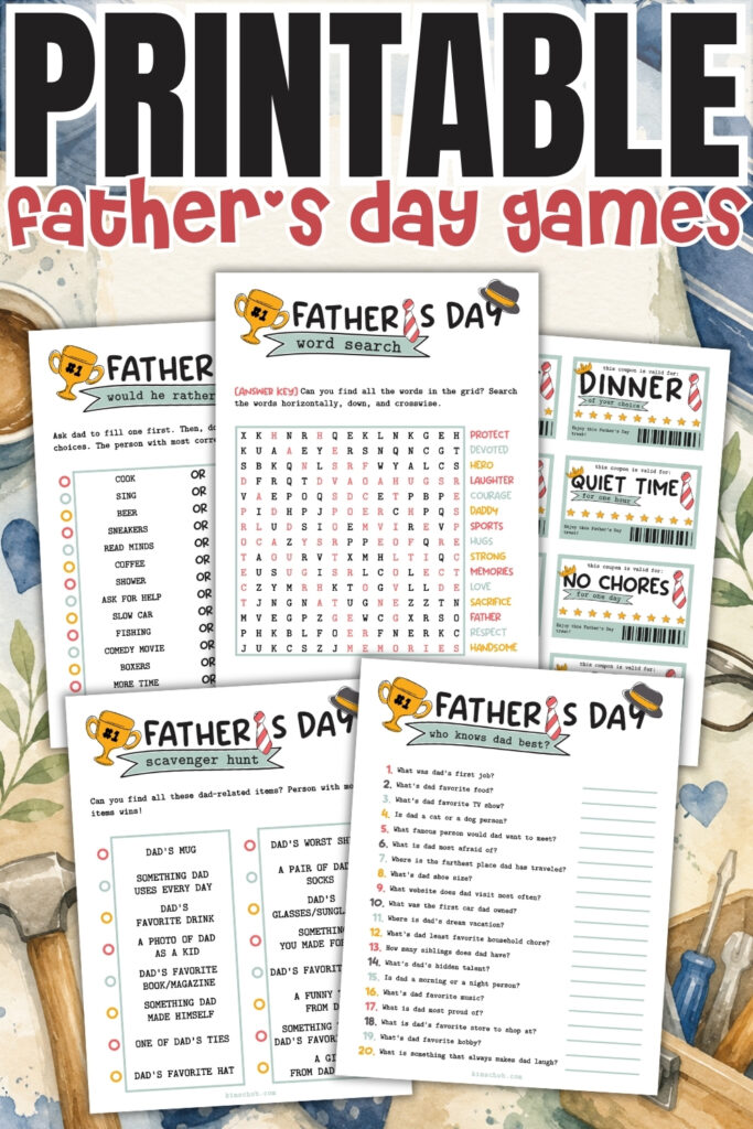 Father’s Day printable games, including word search and activity cards.