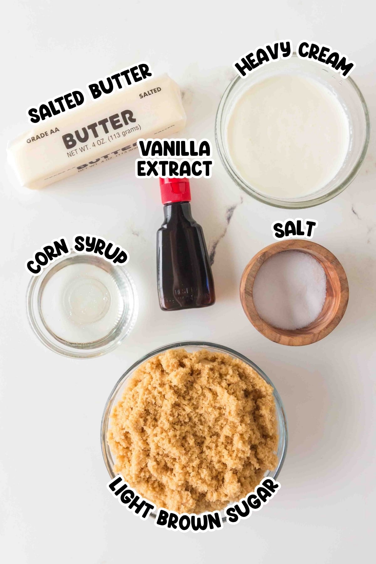 Ingredients for caramel sauce: butter, heavy cream, vanilla, corn syrup, salt, brown sugar.