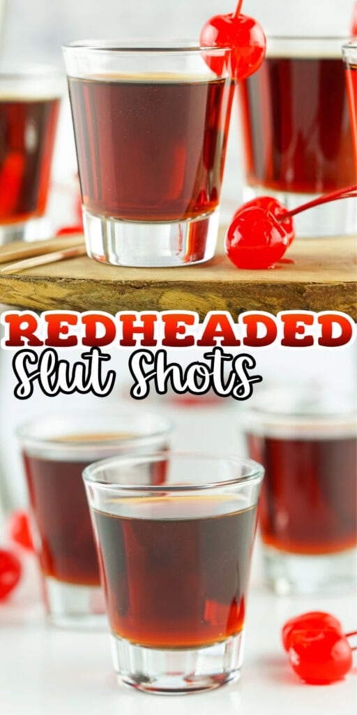 Four red shots with maraschino cherries on a wooden board.