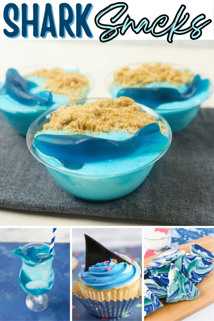 Blue shark-themed desserts, drinks, and cupcakes with gummy sharks and fin toppers.