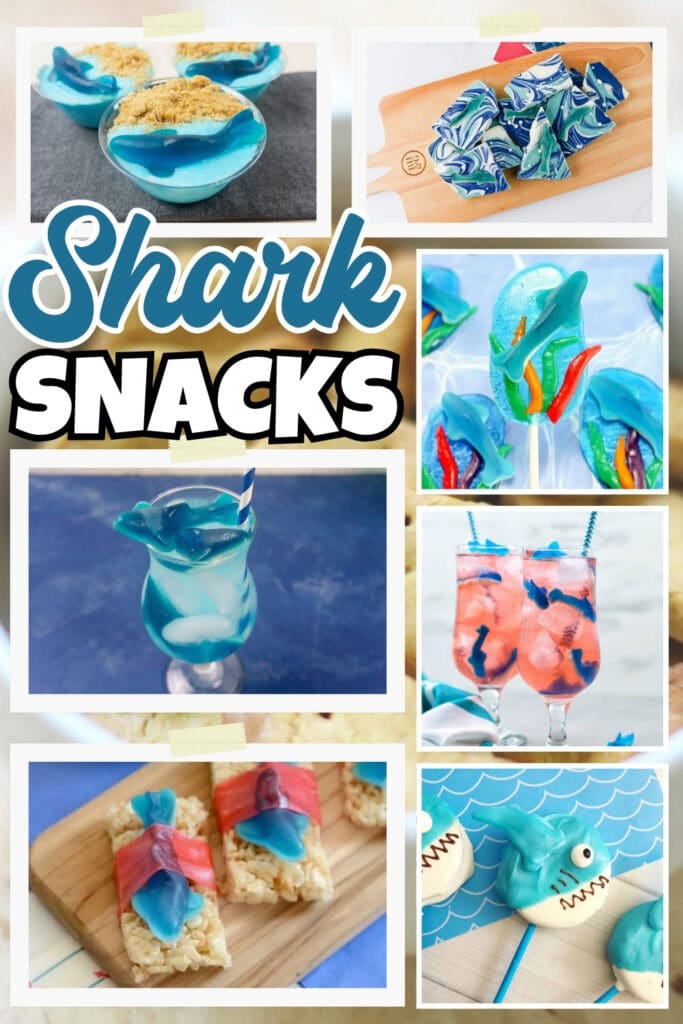 Colorful, shark-themed snacks and treats arranged in a fun display.