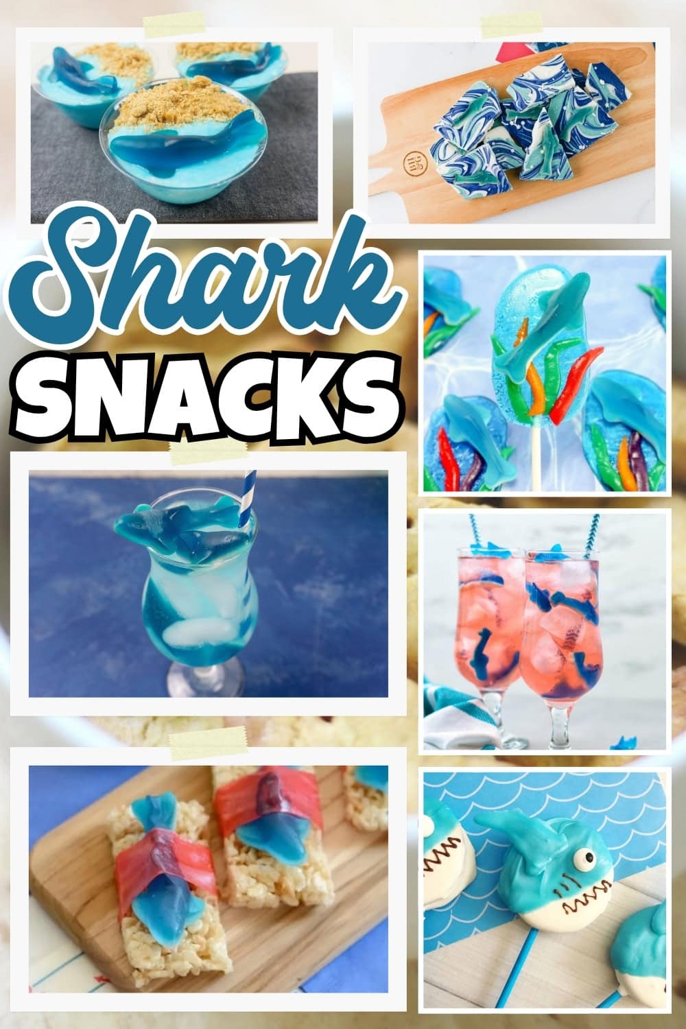 Colorful, shark-themed snacks and treats arranged in a fun display.