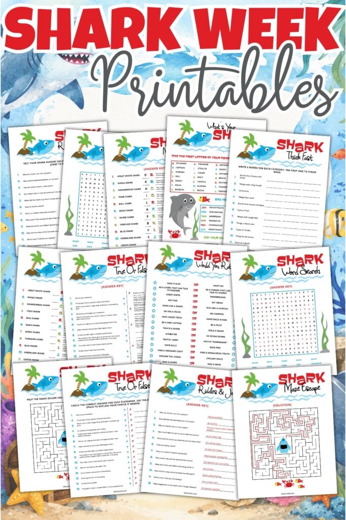 Colorful Shark Week printable activity sheets for kids.