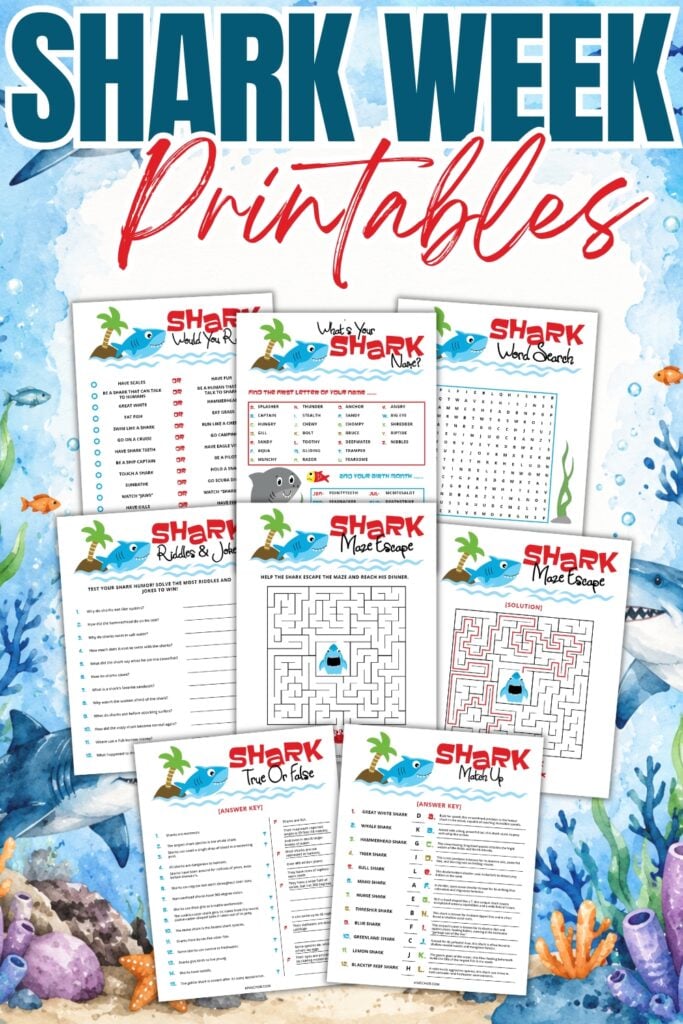 Colorful Shark Week Printables activity sheets with mazes, riddles, and puzzles.