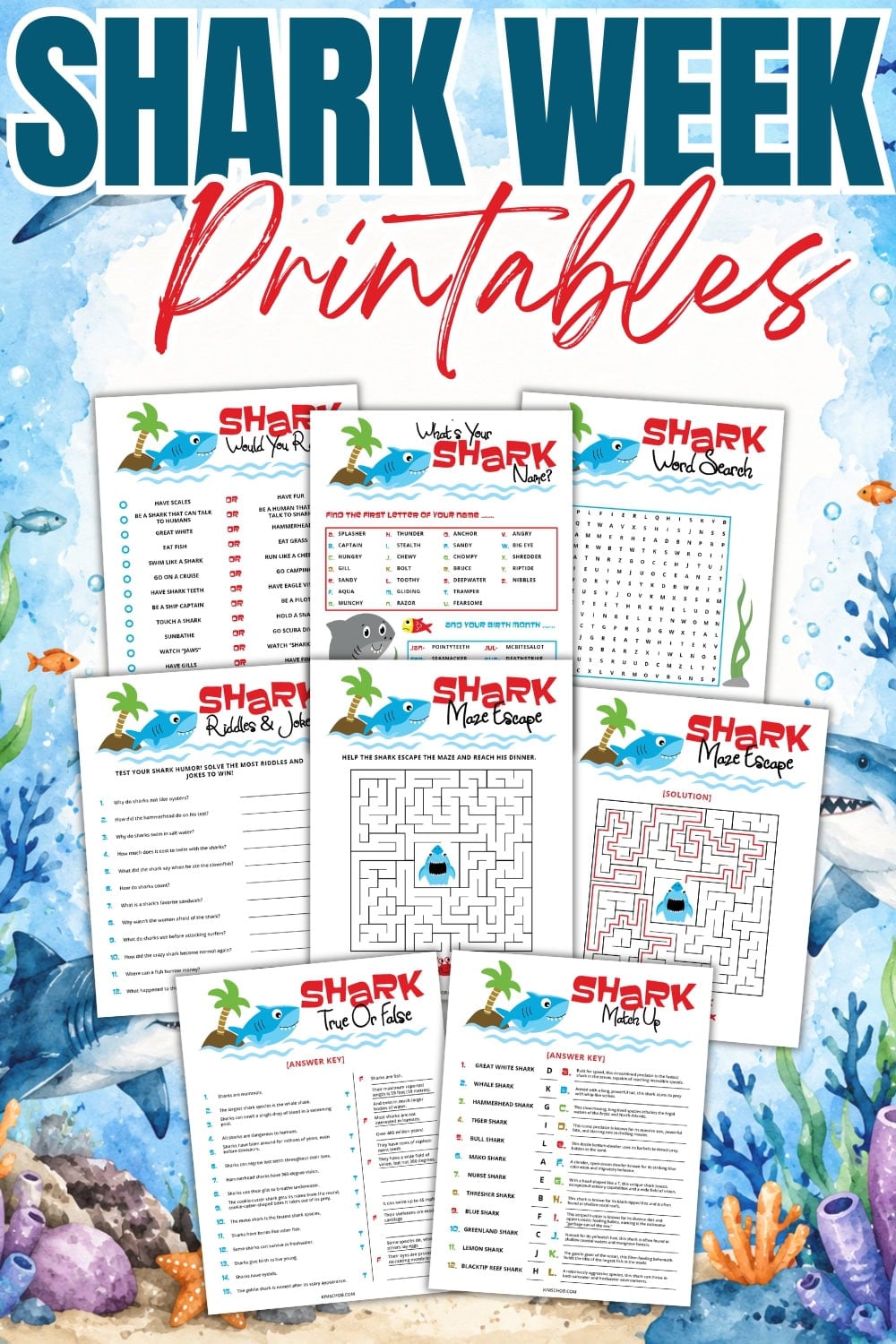 Colorful Shark Week Printables activity sheets with mazes, riddles, and puzzles.