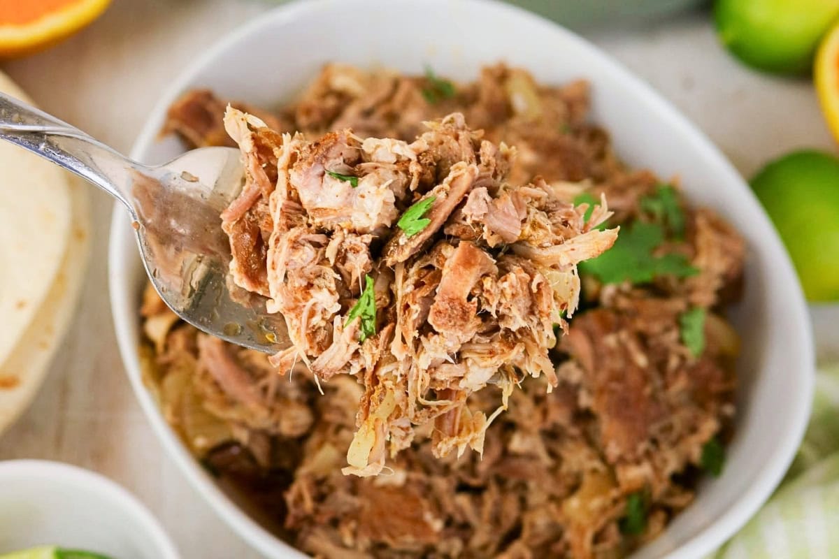 Shredded pork carnitas garnished with cilantro on a spoon over a bowl.