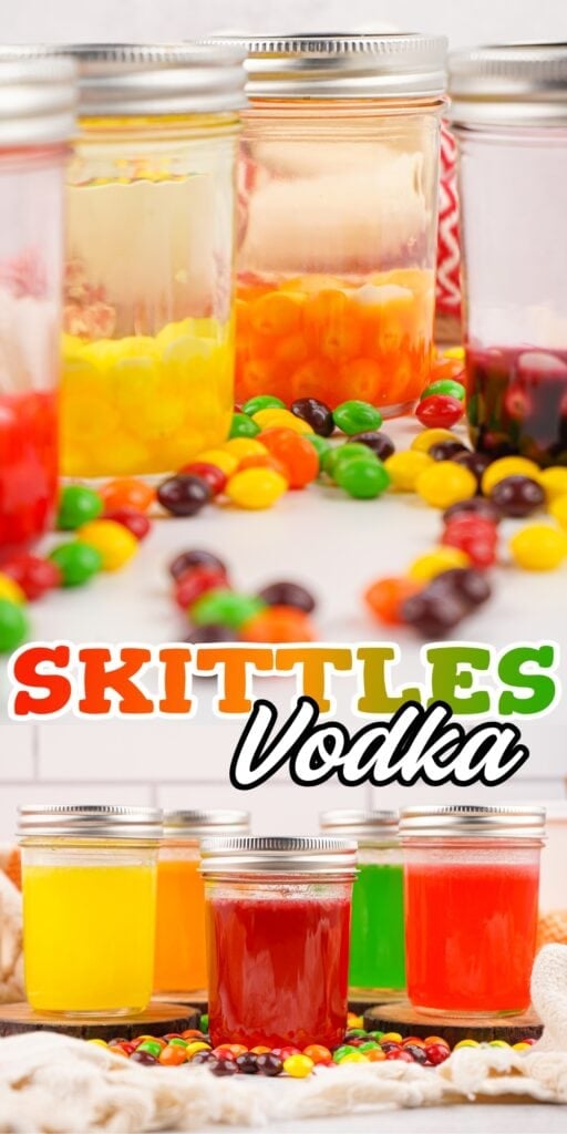 Jars of colorful Skittles vodka with scattered Skittles candies nearby.