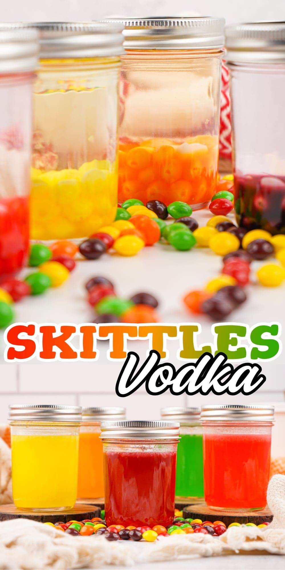 Jars of colorful Skittles vodka with scattered Skittles candies nearby.
