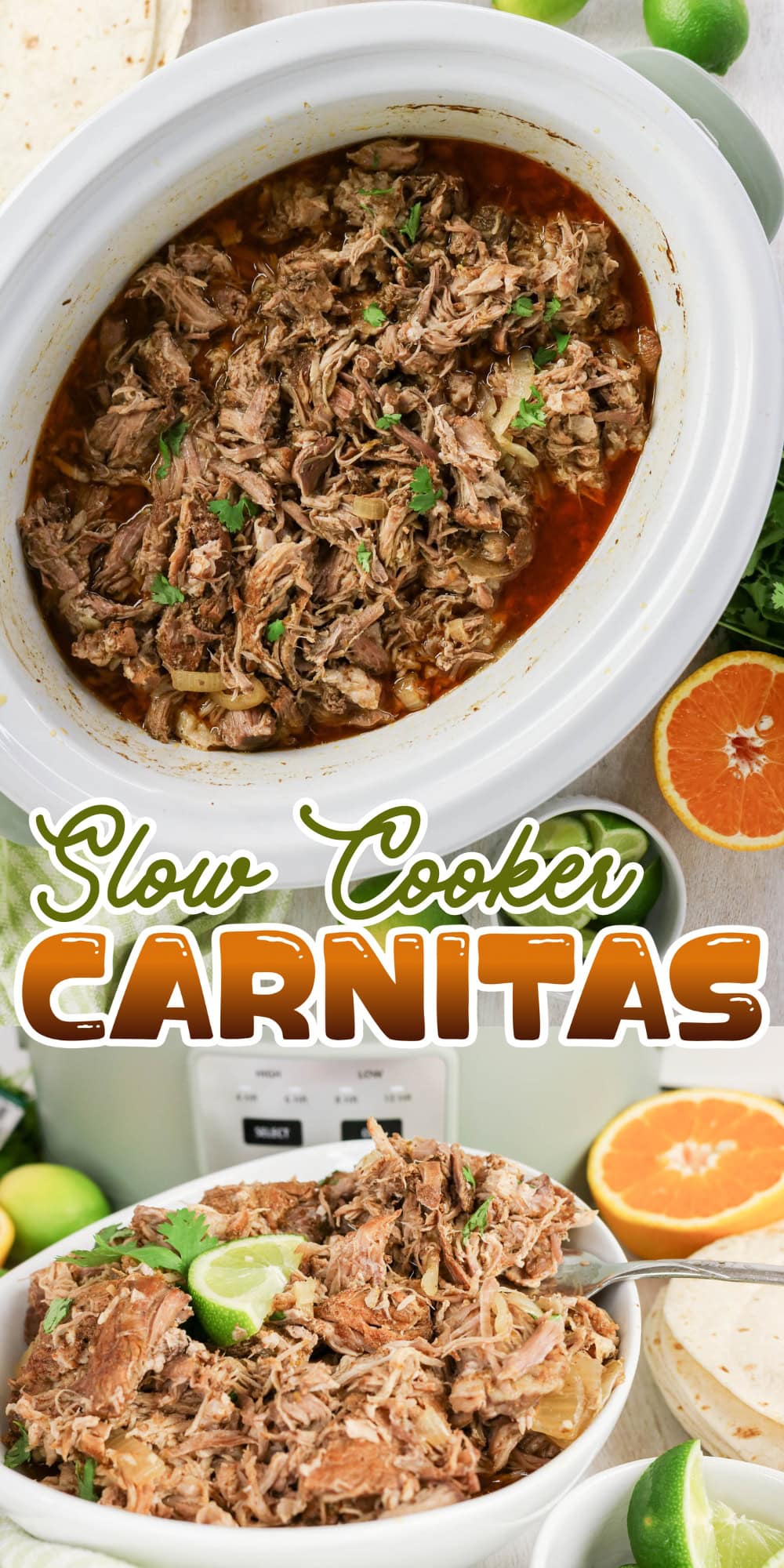 Shredded slow cooker carnitas in a white crockpot, garnished with herbs.