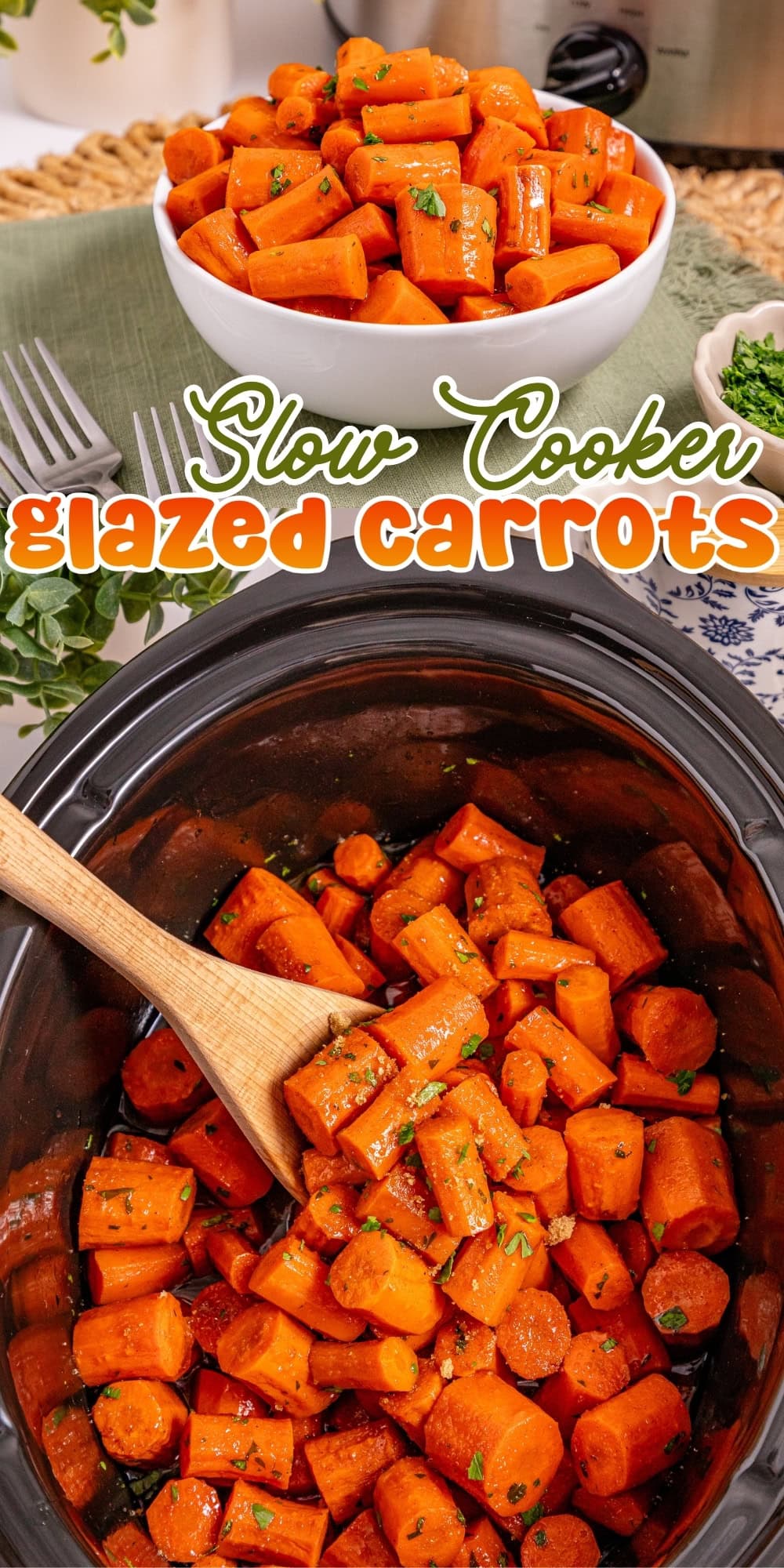 Slow cooker glazed carrots in a bowl and crockpot, garnished with parsley.