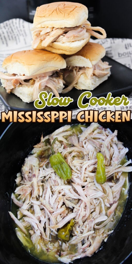 Three chicken sliders and shredded chicken with peppers in a slow cooker.