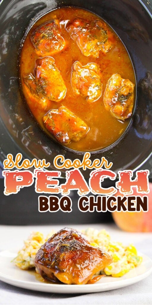 Chicken pieces in slow cooker with BBQ sauce and peach garnish on a plate.