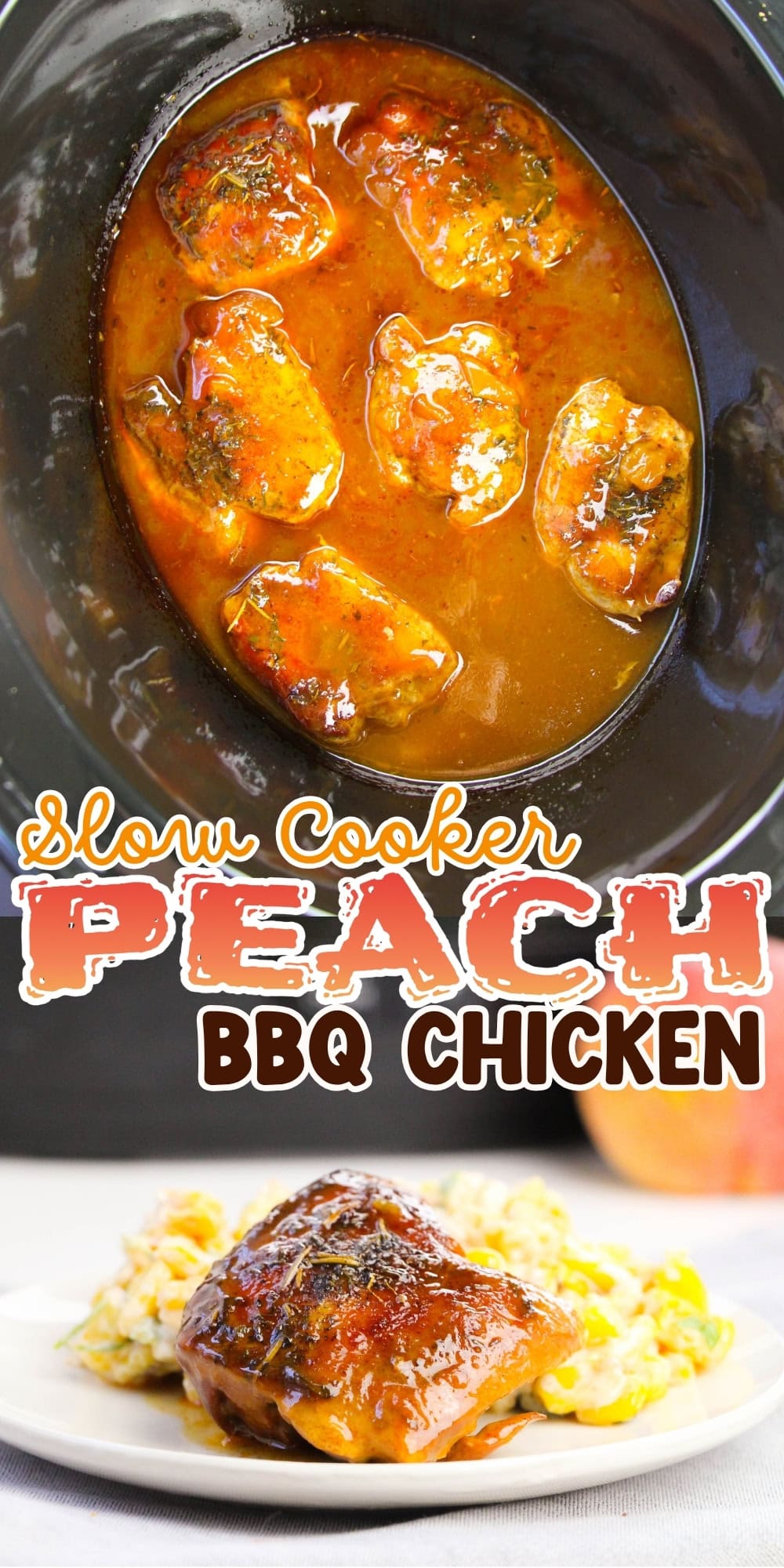 Chicken pieces in slow cooker with BBQ sauce and peach garnish on a plate.