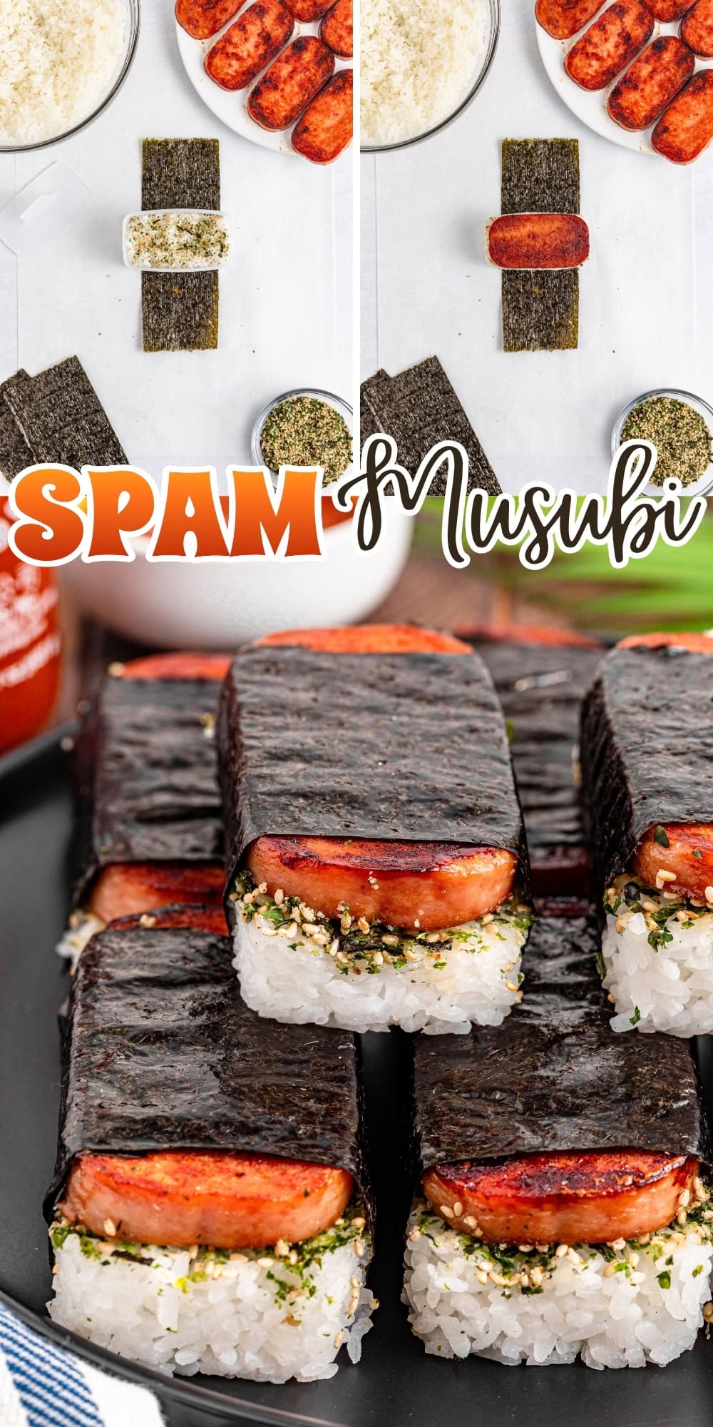Spam musubi made with rice, seaweed, and spam, shown assembled and stacked.