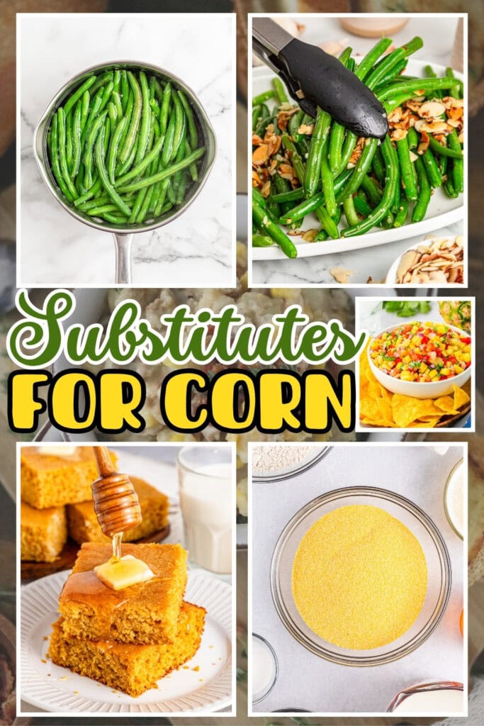 Various dishes, including green beans, salsa, and cornbread.