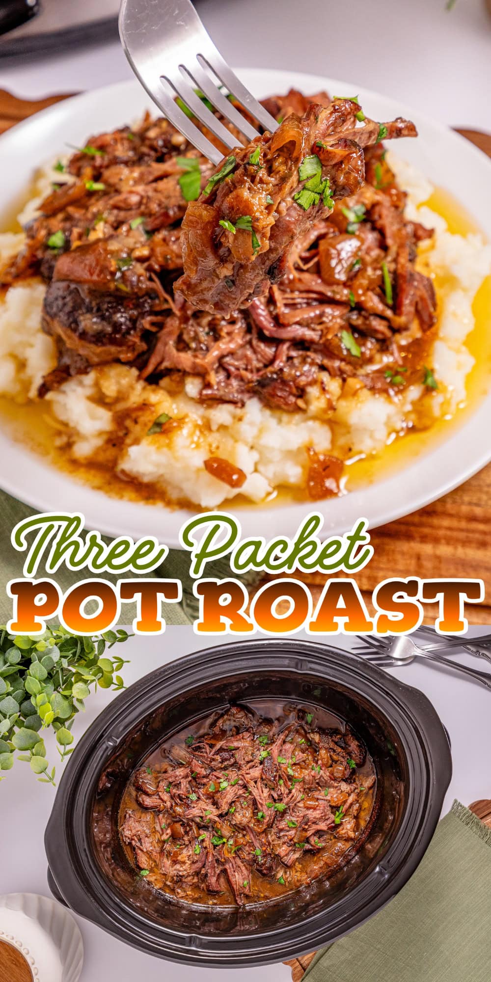 Three Packet Pot Roast: tender beef, savory gravy, perfect over mashed potatoes.