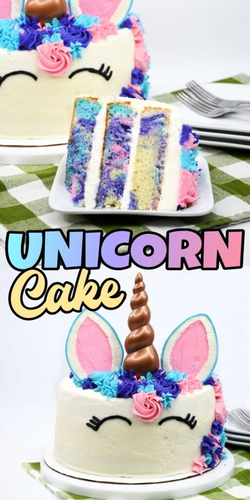 A unicorn-themed cake with colorful frosting and a chocolate horn, sliced open.