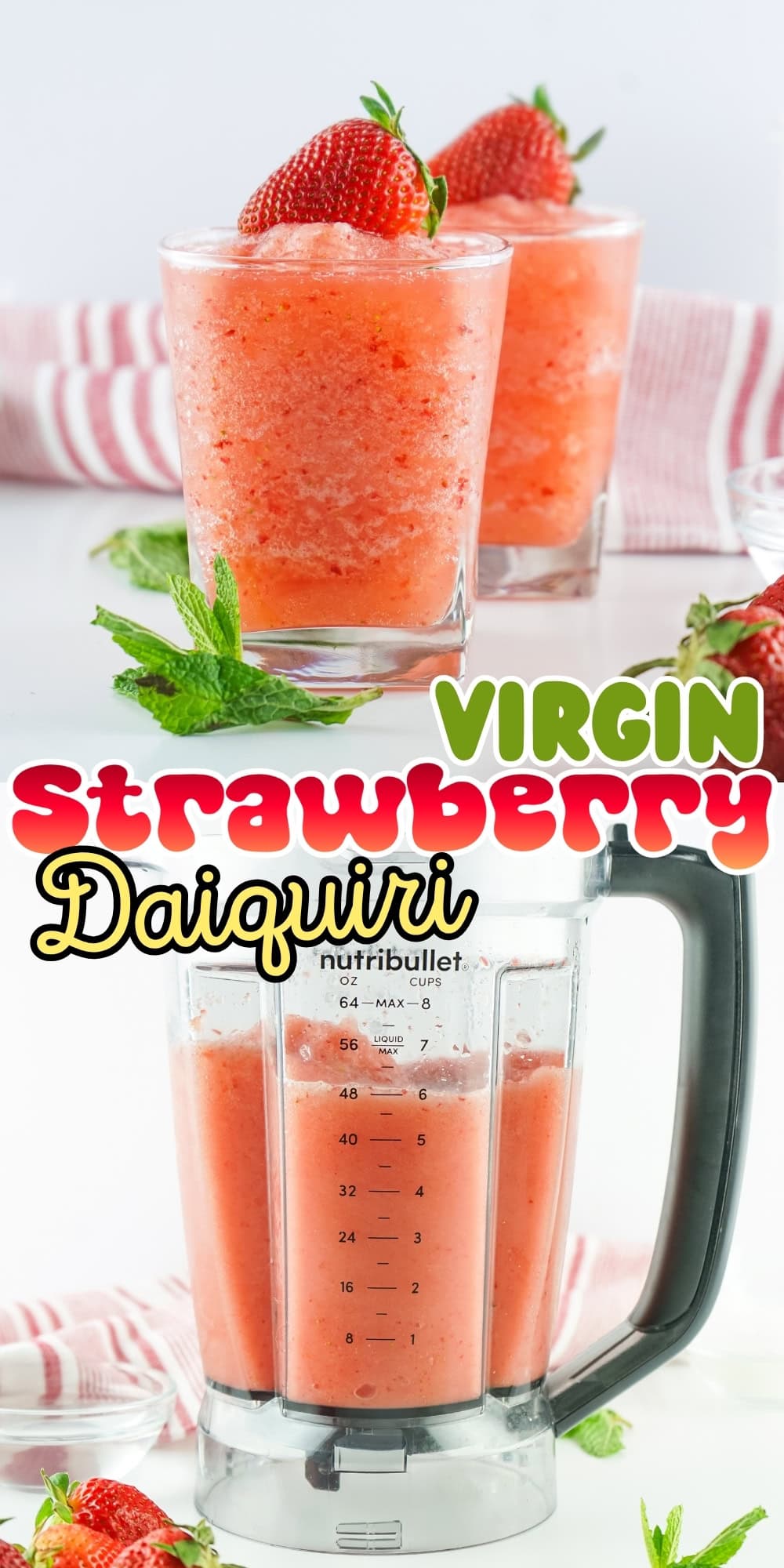Two glasses and a blender of bright red virgin strawberry daiquiri with mint.