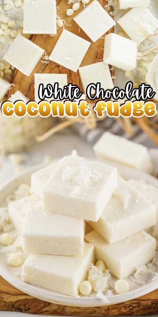 White chocolate coconut fudge squares stacked on a plate and cutting board.