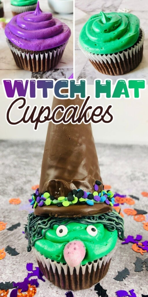 Three decorated cupcakes, one shaped like a witch with a chocolate hat.