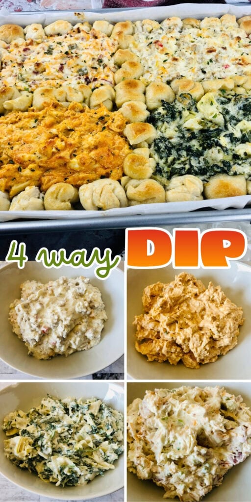 Four types of dips with baked bread bites.