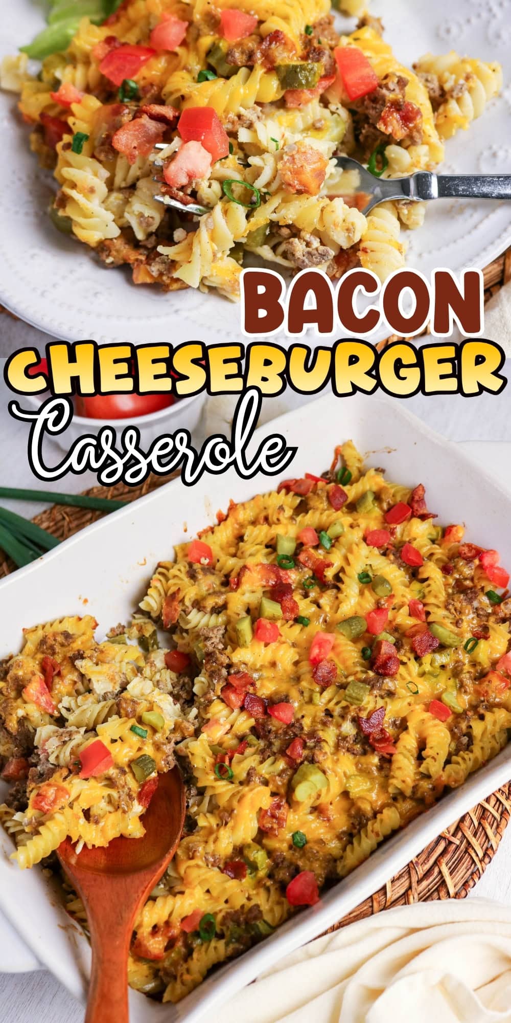 Baked cheeseburger casserole with bacon, pasta, cheese, and chopped tomatoes.