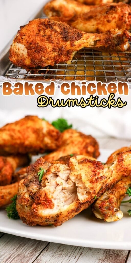 Baked chicken drumsticks on a rack and a plate, crispy and seasoned.
