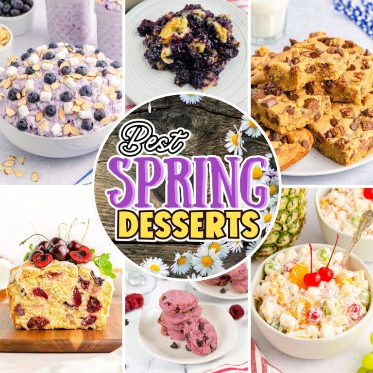 Colorful spring desserts, including cakes, bars, and fruit salads.