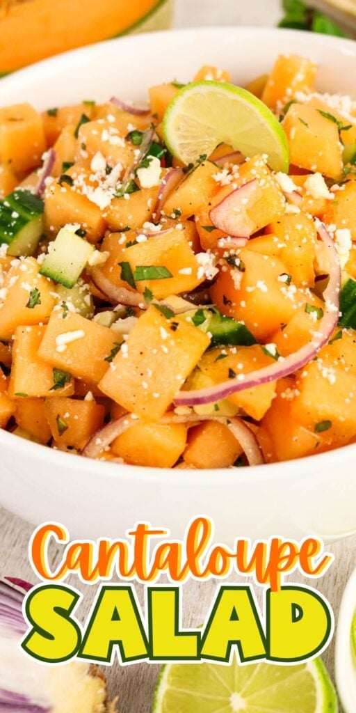 Bowl of cantaloupe salad with lime, onion, cucumber, and cheese.