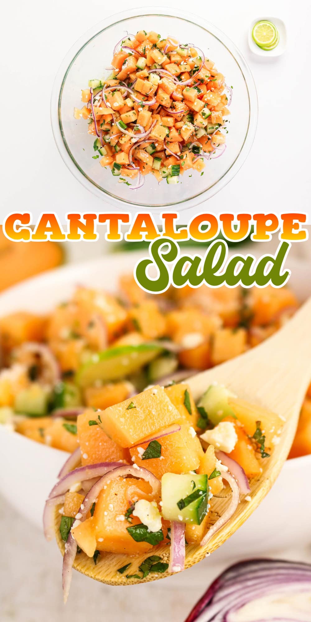 Cantaloupe salad with red onion, feta, and herbs in a bowl and on a spoon.