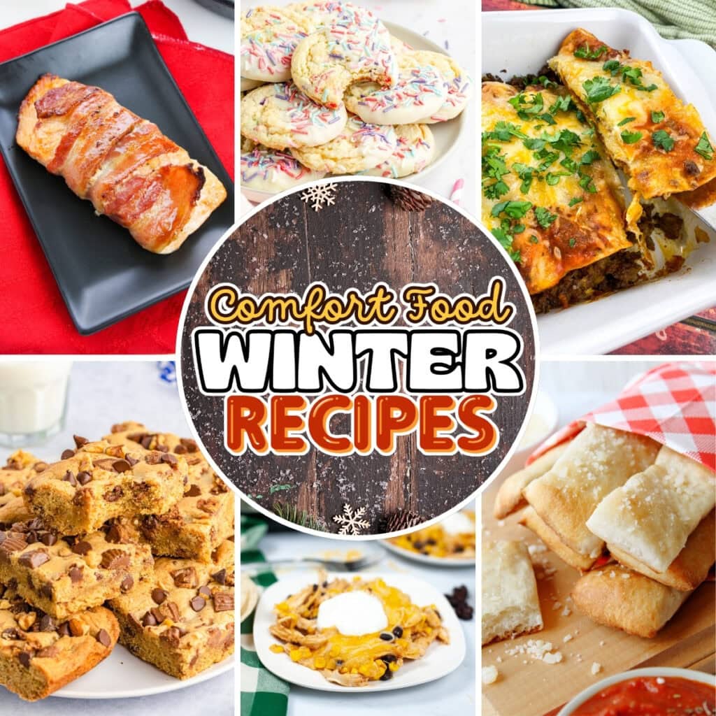 Winter comfort foods, including casseroles, cookies, and baked goods.