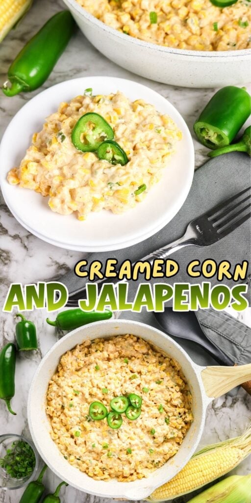 Bowl and pan of creamed corn with jalapenos, surrounded by fresh vegetables.