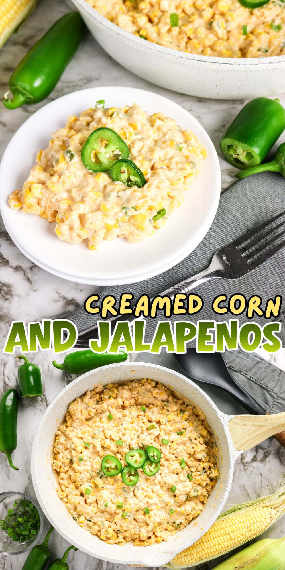 Bowl and pan of creamed corn with jalapenos, surrounded by fresh vegetables.