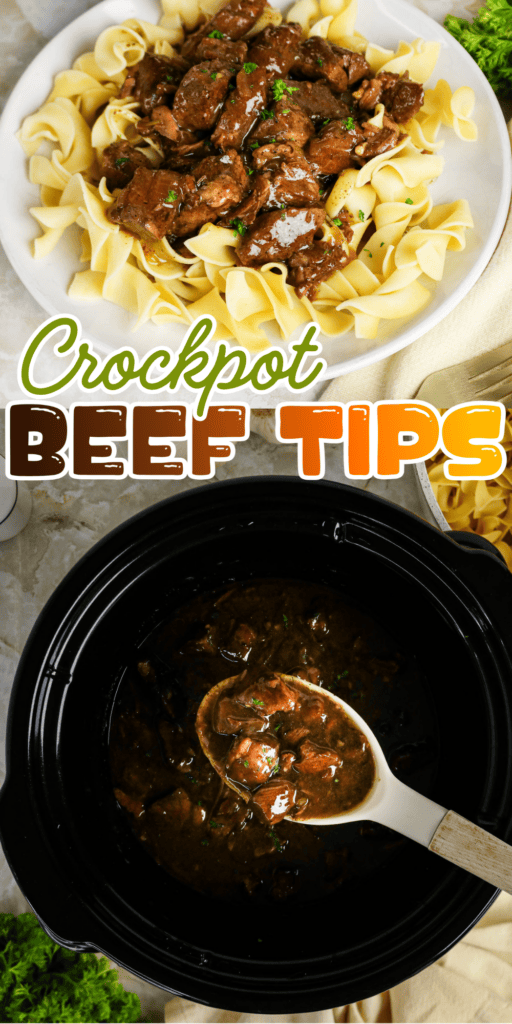 Bowl of beef tips over noodles and crockpot with beef tips in sauce.