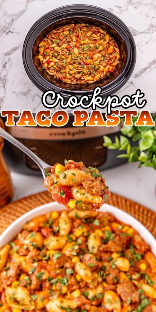 Crockpot filled with taco pasta, served in a dish with a spoonful lifted up.