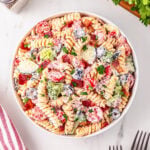 Pasta salad with rotini, tomatoes, broccoli, olives, and creamy dressing.