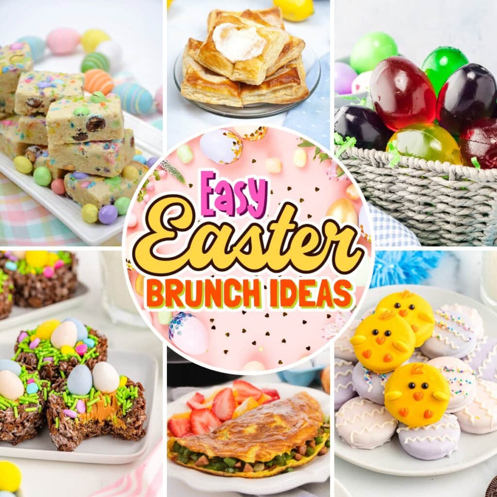 Easter brunch foods, pastries, eggs, and treats arranged in a colorful collage.