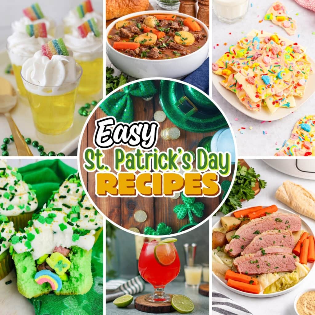 Colorful St. Patricks Day foods, drinks, and festive decorations.