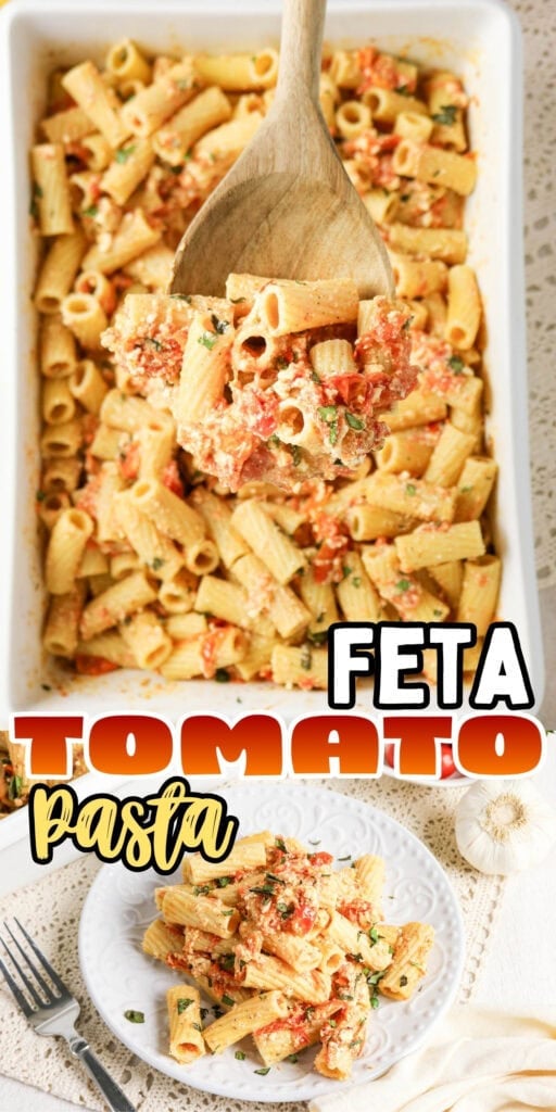 Baked feta tomato pasta in a dish and served on a plate with a fork.
