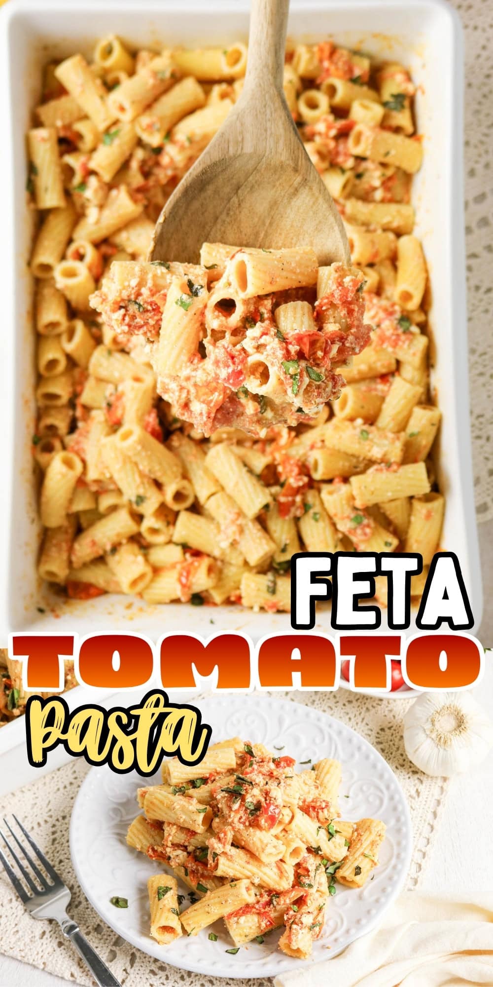 Baked feta tomato pasta in a dish and served on a plate with a fork.
