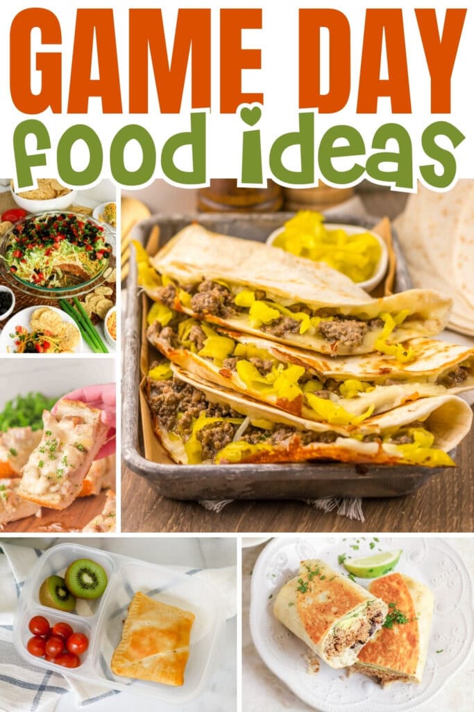 Various game day foods including quesadillas, wraps, and snacks.