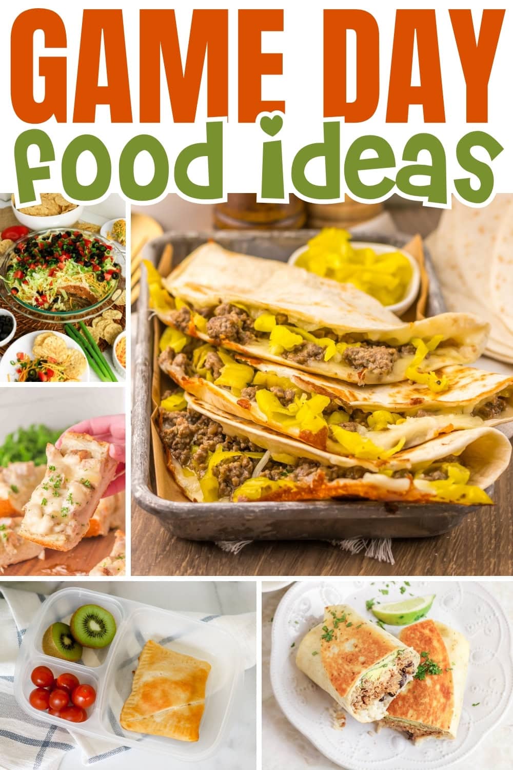 Various game day foods including quesadillas, wraps, and snacks.