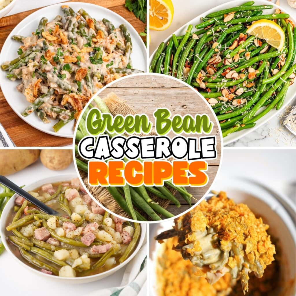 Green bean casserole with green beans, potatoes, almonds, and crispy onions.